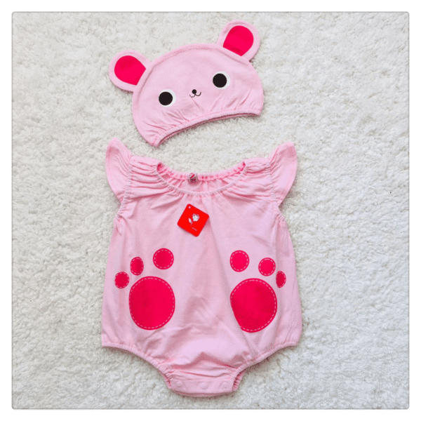 Pink Bear Baby Romper With Cap
