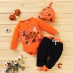 Halloween 3pcs Pumpkin Printed Long Sleeve Romper