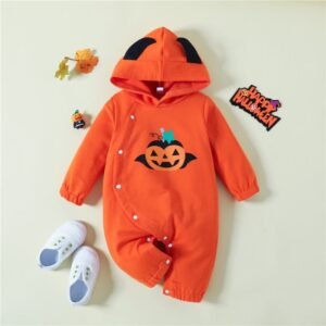 Infant Cute Pumpkin Print Hooded Jumpsuit