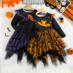 Girls Halloween Bat Dress – Cute Spider Web Tulle Party Outfit
