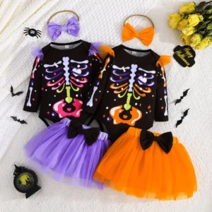 Baby Girl Halloween Skeleton Outfit with Tulle Skirt & Bow Headband